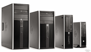 Four HP 8200 Elite Desktops in different form factors facing slightly toward right